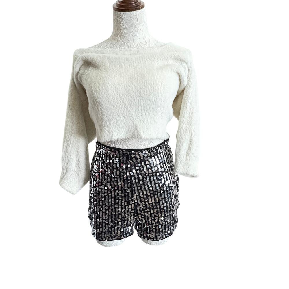 Sequin Black Silver Party Shorts Large Holiday Maximalist Dopamime - Picture 3 of 7